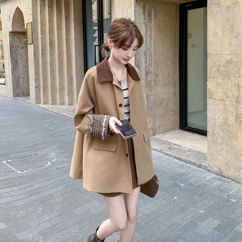 卡其色小个子超好看风衣女2024秋新款韩系休闲设计感拼接翻领外套