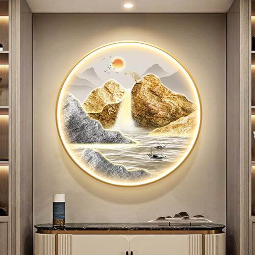 新款直销旭日东升玄关装饰画轻奢山水画led圆形发光挂画客厅大气