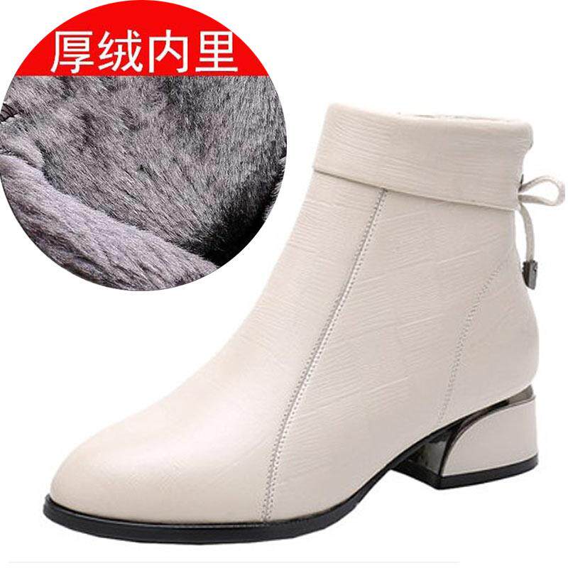 高档皮中粗跟尖头女靴子中年短妈妈皮鞋软皮马真丁靴冬季跟加绒棉