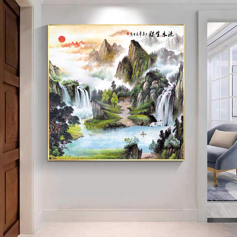 八方聚财有山有水挂画聚宝盆流水生财招财国画旭日东升山水画靠山