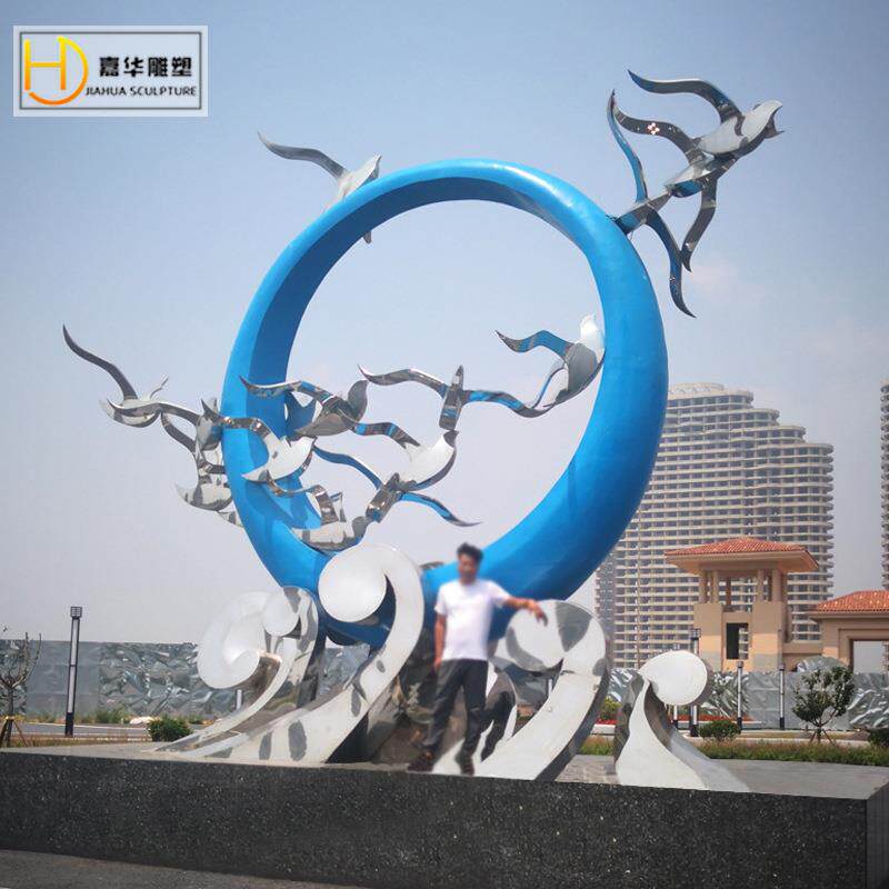 不锈钢大雁小鸟园林景观金属雕塑小区楼盘售楼处水景软装白钢圆环
