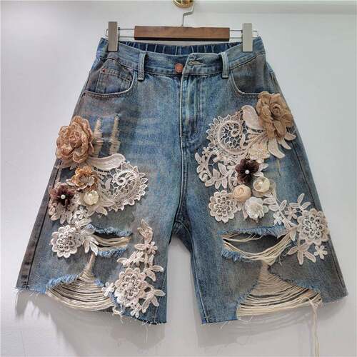 Women's Designer Lace Floral Ripped Denim Shorts 3D Floral