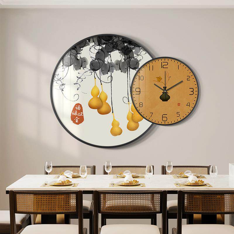 新中式荷花福禄双全时钟表组合圆形装饰画客厅餐厅高级挂画中国风