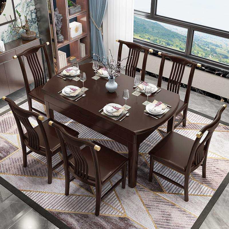 新中式全实木餐桌椅组合家用简约可伸缩折叠小户型跳台方变圆饭桌