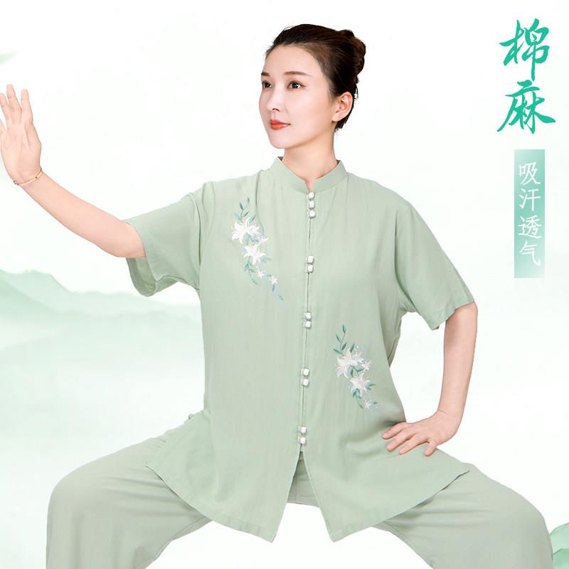 小和山太极服女款新款2026麻太极拳八段锦练功服夏薄款短袖上衣图片