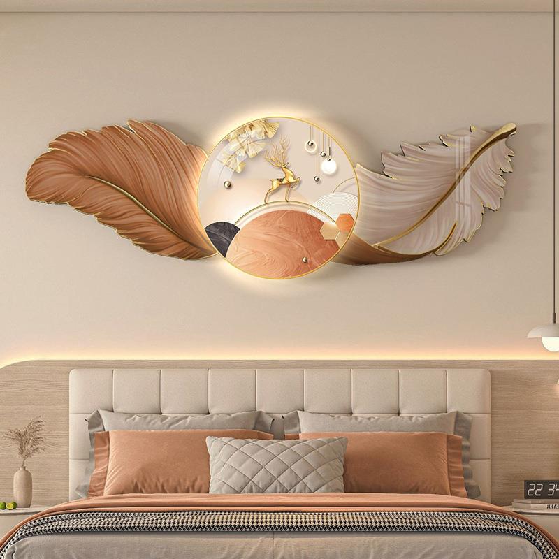 现代轻奢客厅装饰画组合羽毛精雕床头挂画高级感带灯光画氛围墙画