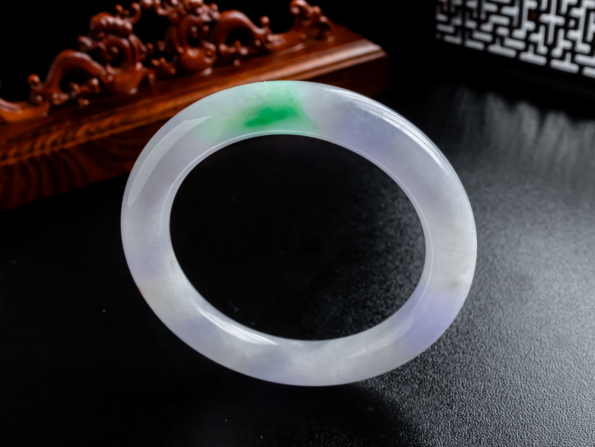 56圈口 天然翡翠玉镯冰紫罗兰飘绿满紫满色冰圆条手镯 59.93g