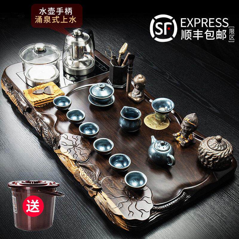 黑檀实木茶盘功夫茶具套组家用大号茶台整套玻璃烧水壶一体全自动