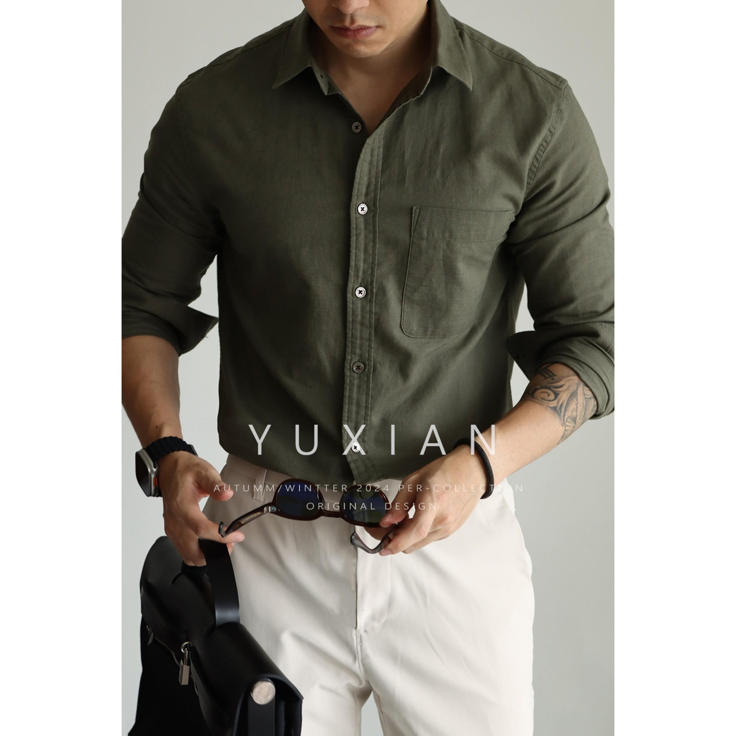 YUXIAN高端亚麻棉长袖衬衫口袋休闲商务翻领通勤修身春秋夏季男士