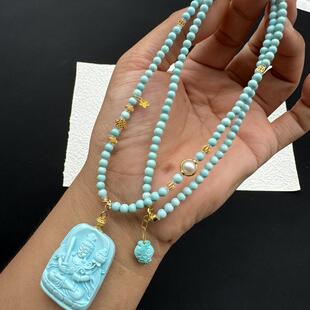 天然原矿绿松石文殊菩萨吊坠锁骨链坠挂件尺寸约30.6×23×11.5mm