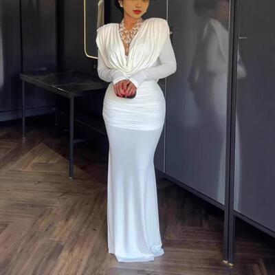Cowl Neck Backless Maxi Dress Padded Shoulders Ruched Cinche
