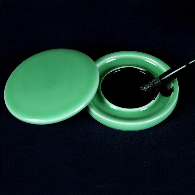 正品青瓷带盖砚墨条台陶书瓷书法罗纹砚文房四宝端砚法毛笔用品包