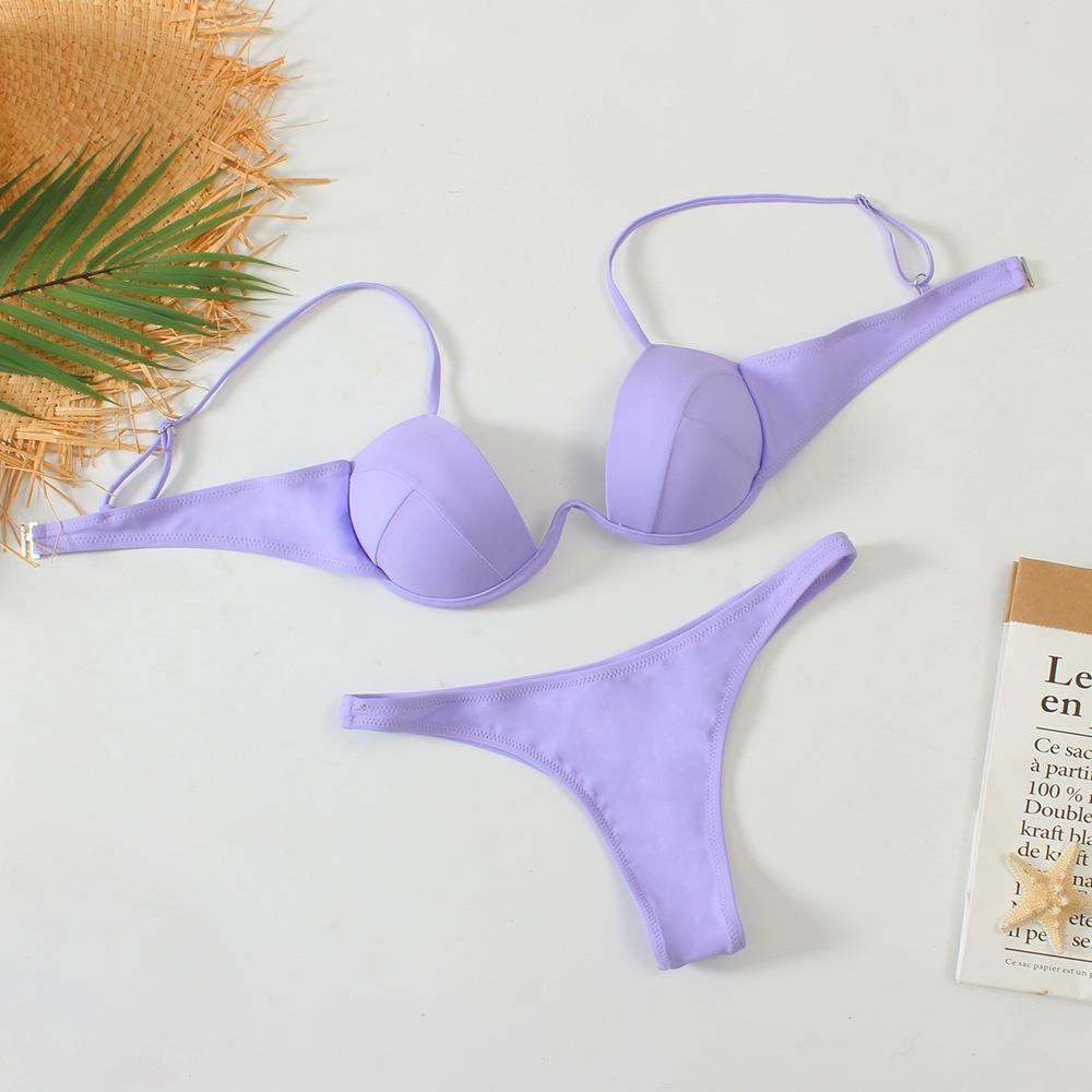 New solid color steel support one-piece bikini small chest