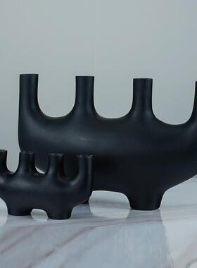 现代简约创意树脂黑色烛台北欧花瓶软装饰品家居工艺品摆件