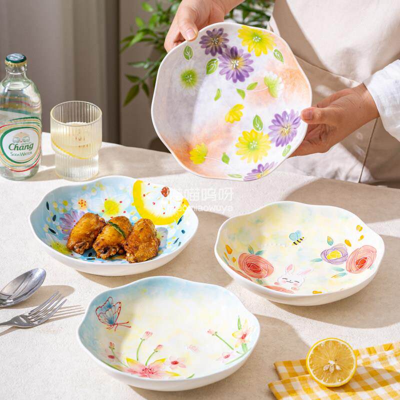 濑户烧陶瓷釉下彩手绘8寸盘子深盘异形盘荷叶盘家用耐高温餐具