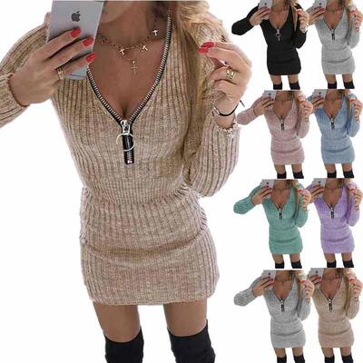 Women's zipper waist cinching long sleeved knitted hip