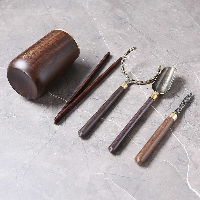 茶道六君子黑檀木整块实木原木铜木套组茶刷茶夹功夫茶具配件零配
