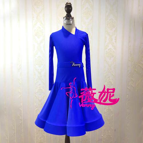 高档vnny薇妮儿网拉丁童服长袖斜领女童表演服e比赛红高级定制演