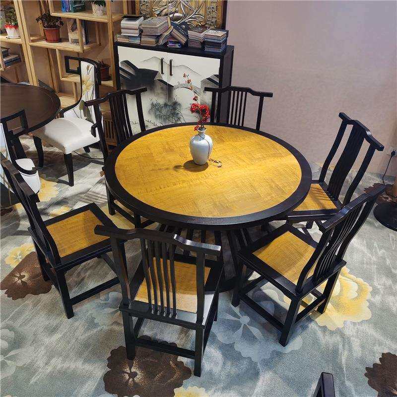 新中式白蜡木餐桌椅家用圆桌加餐椅套装实木贴皮中式饭桌圆形餐桌