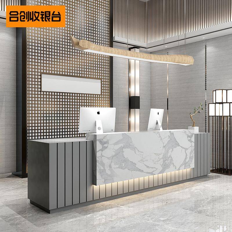 仿大理石公司售楼部前台简约现代接待台眼镜店收银台美容院吧台桌图片