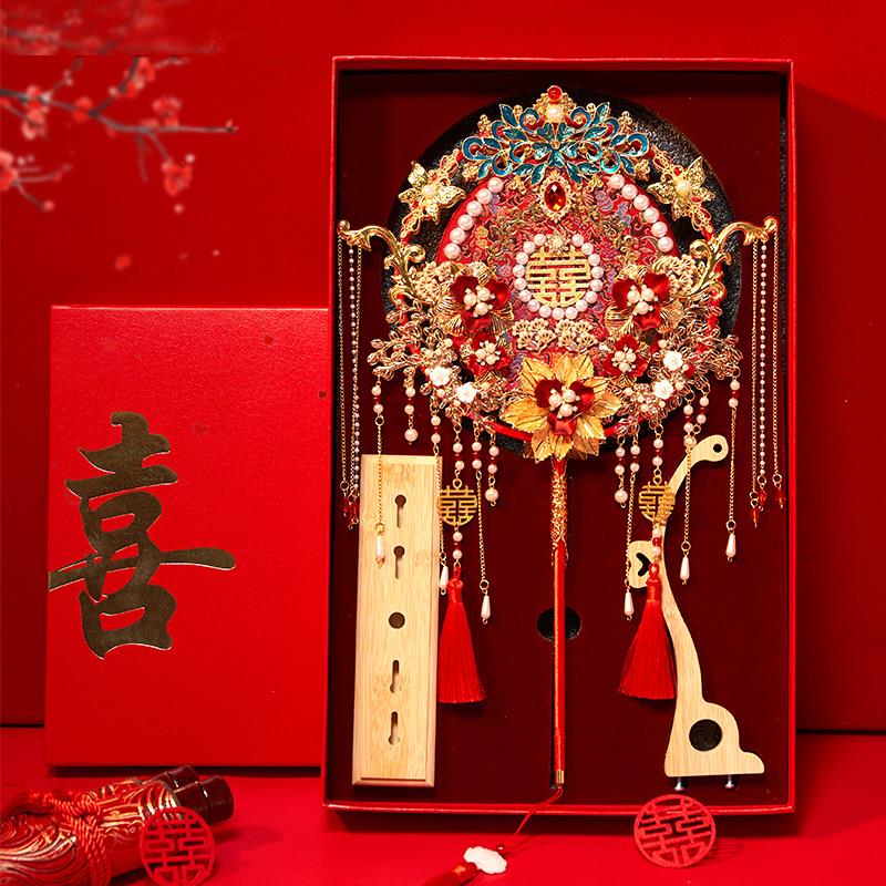 婚礼双面团扇手工DIY材料包 新中式风格龙凤呈祥高级喜扇子