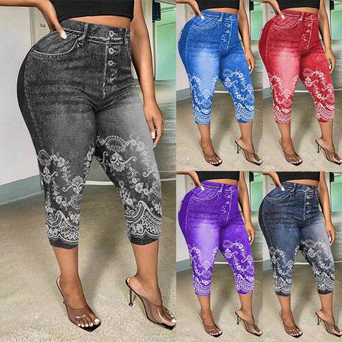 Women's denim printed sports leggings in plus size yoga