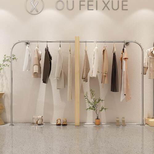 网红服装店实木货架落地女装店上墙展示架不锈钢落地挂衣架陈列架