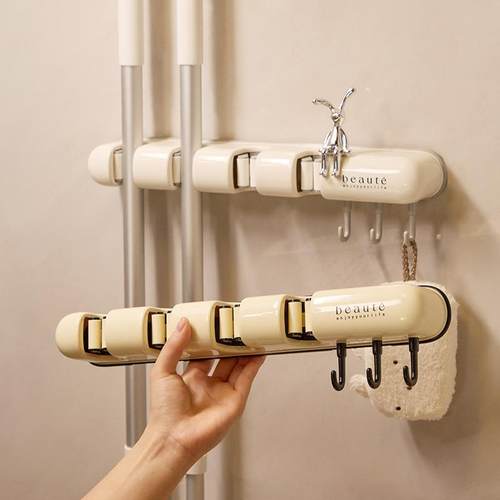 自主设计 奶油风多功能拖把架 壁挂式卫生间扫把拖把收纳架卡夹
