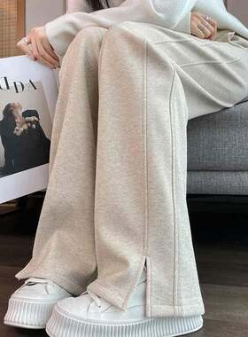 小羊甄选女裤人字纹毛呢开叉香蕉阔腿裤新款女士直筒休闲裤子