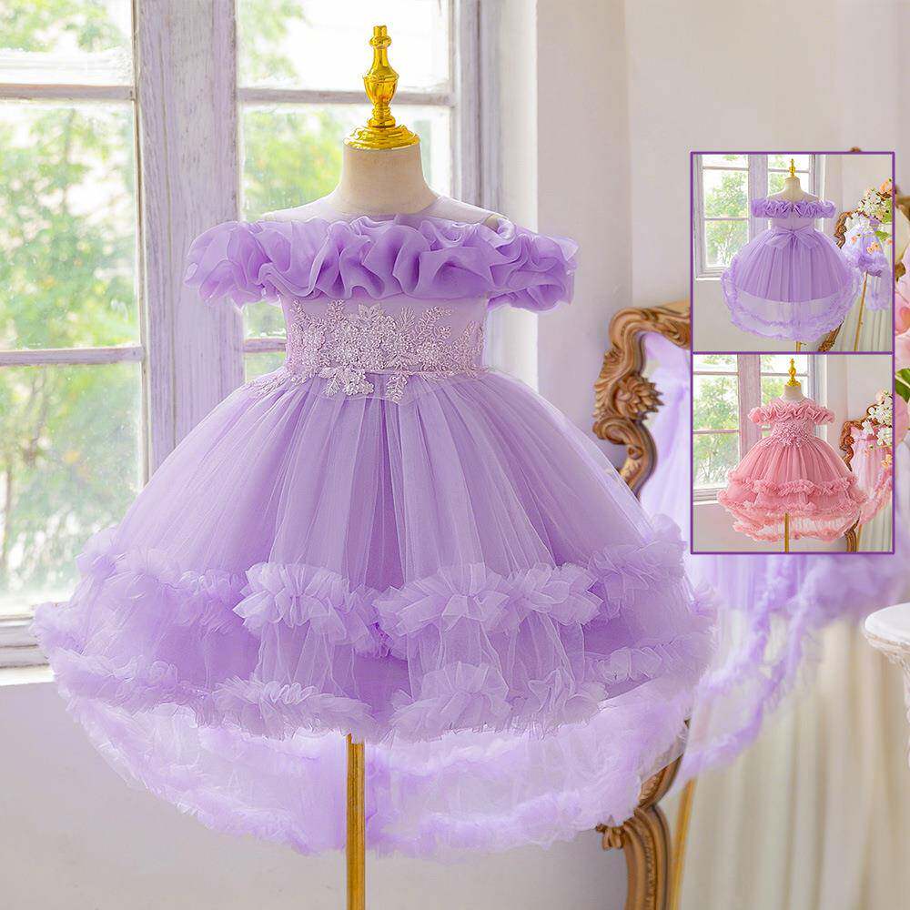 pink kids clothes beading embroidered trailing flower girl