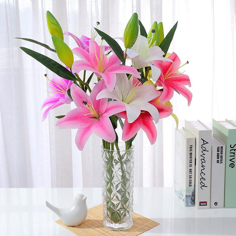 手感百合花仿真花 假花仿真花束客厅摆设花 塑料花束假百合装饰花