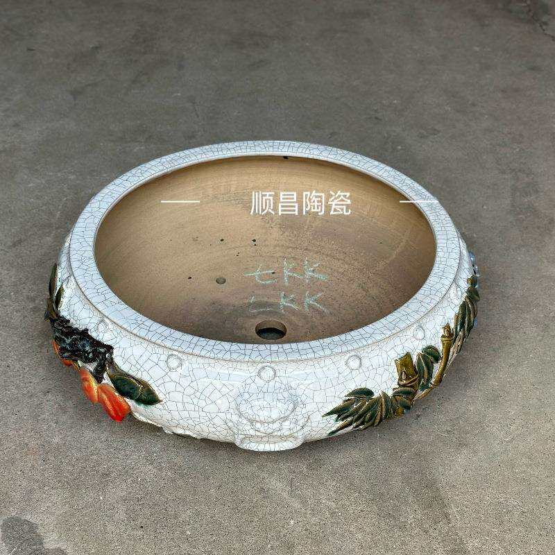 石湾盆手工贴花圆形盆陶瓷花盆庭院园林盆景盆栽阳台居家摆设