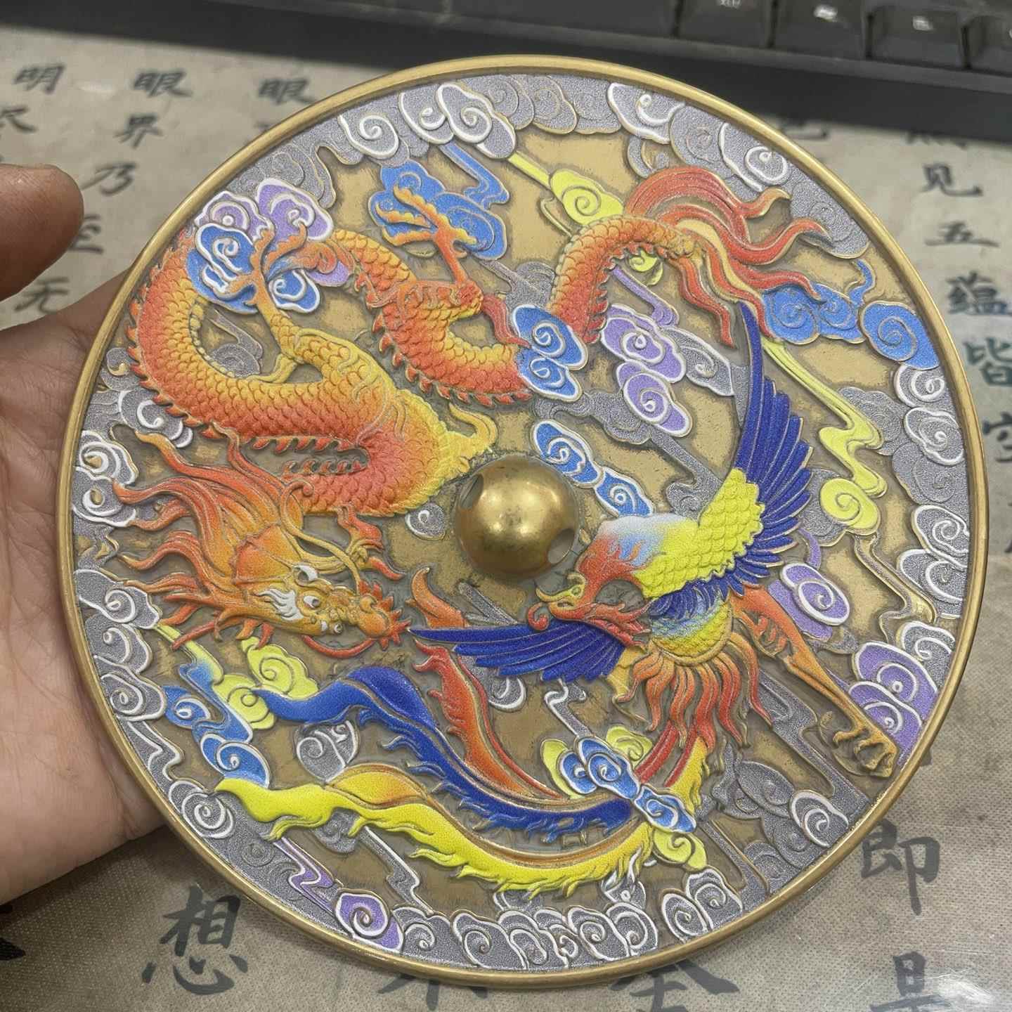 彩绘龙凤铜镜小怀镜结婚专用新娘陪嫁护身镜圆镜中式客厅桌面摆件