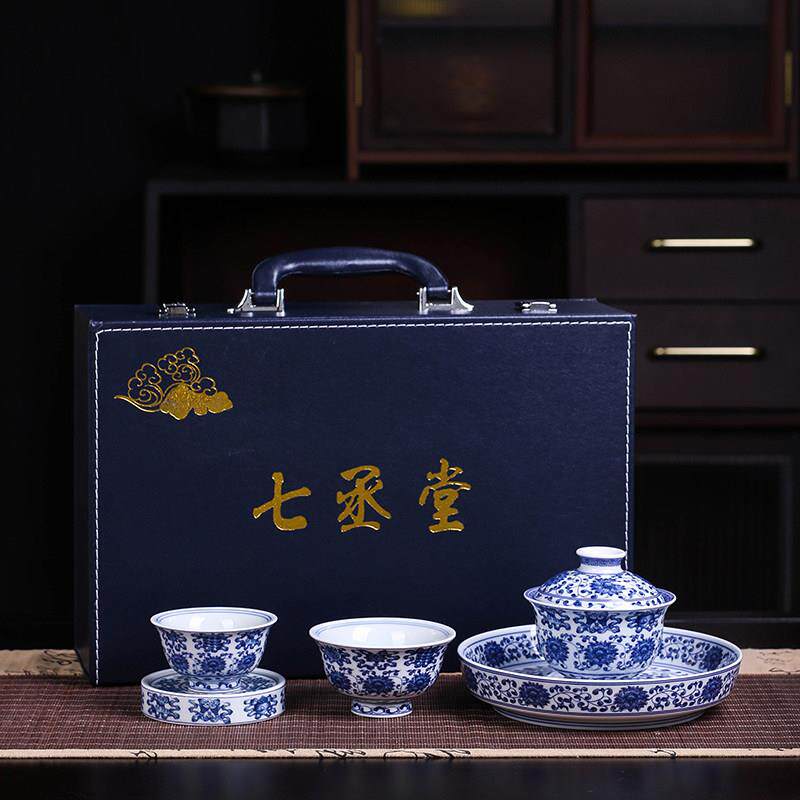 景德镇青花瓷八宝纹盖碗茶杯套装家用送礼中式手工可悬停功夫茶具