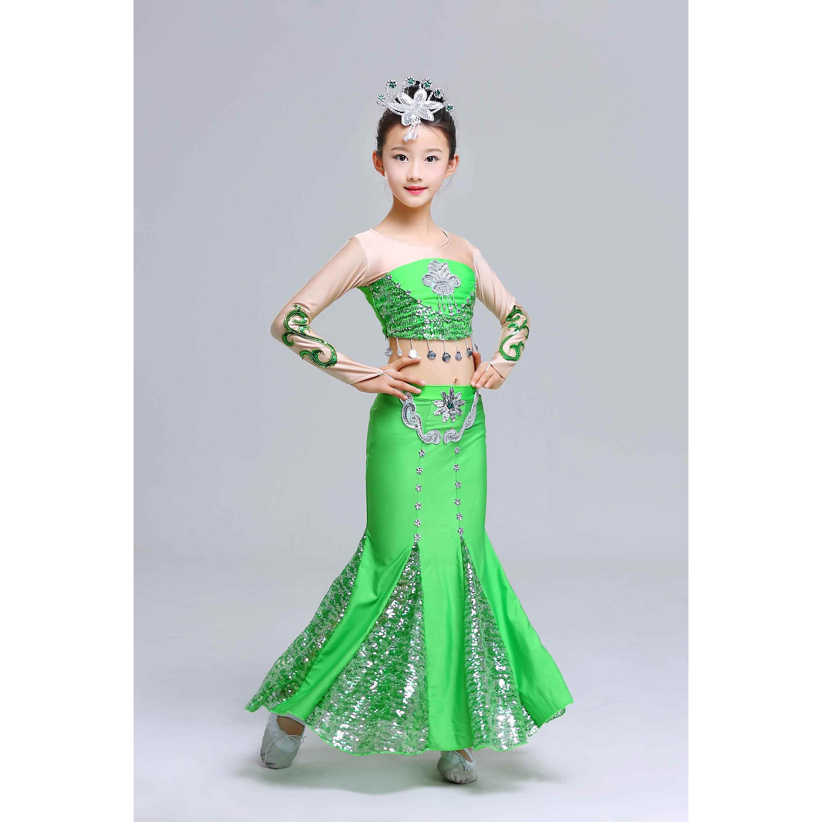 高档原儿童傣族蹈服孔雀创舞滇南映族少女童傣族鱼尾裙民演出服舞
