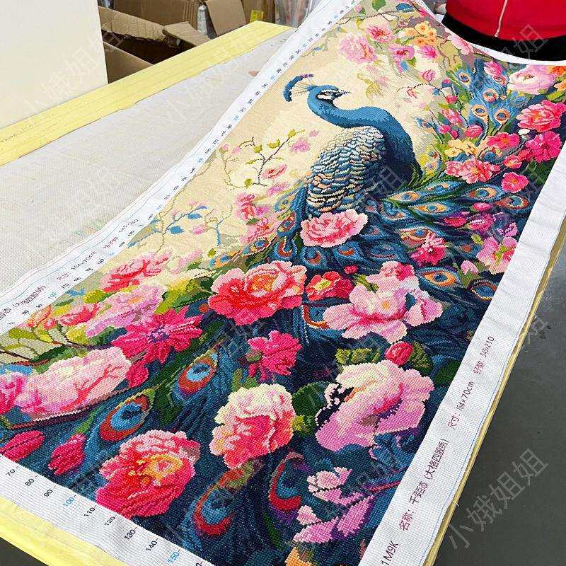 孔雀十字绣成品不带框纯手工出售绣好的2025新款高端客厅牡丹花卉