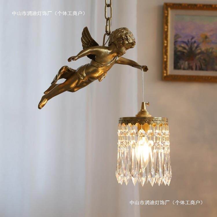 法式客厅复古水晶全铜天使小吊灯中古风走廊入户玄关阳台床头灯具