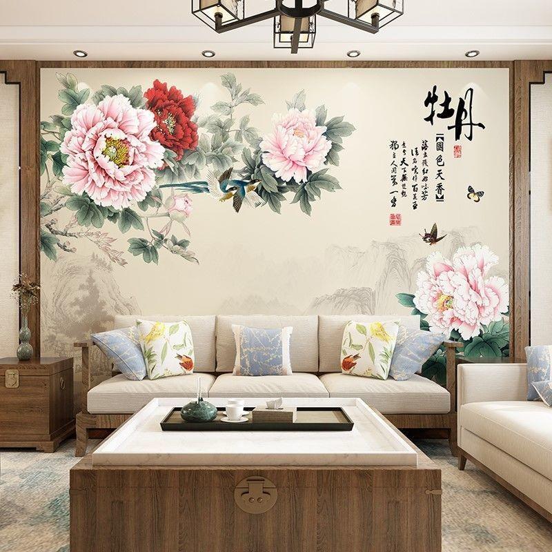 3d新中式古典牡丹花电视背景墙壁纸自粘客厅沙发影视墙纸餐厅墙布
