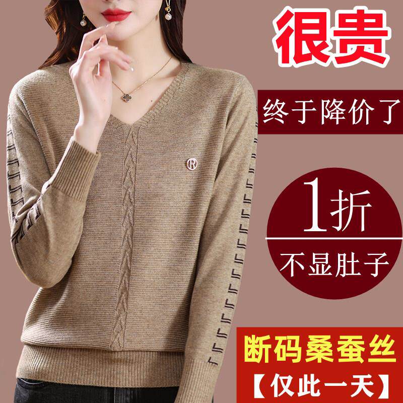 品牌新款春季桑蚕丝v领t恤女上衣2025年洋气宽松长袖针织打底衫薄