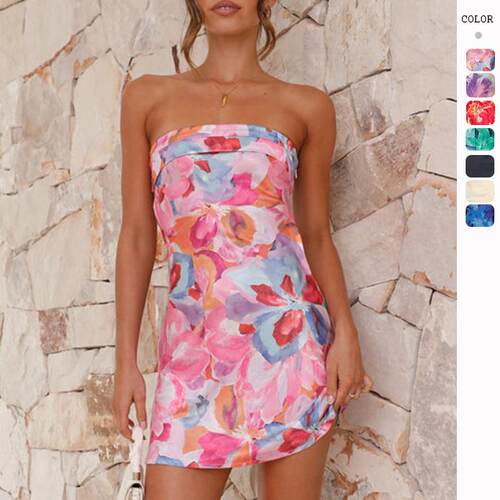 2025Summer Tube Top Backless Flower Printed Short Skirt Dres