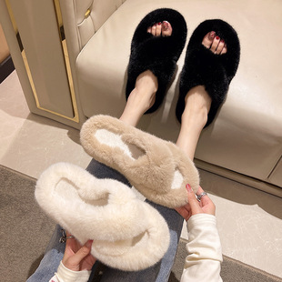 淑女!保暖四根带交叉毛毛拖鞋防滑超大码毛绒鞋家居镂空休闲拖鞋