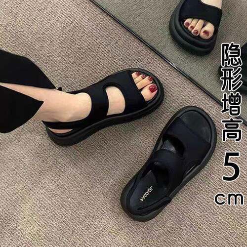 香港真皮厚底罗马凉鞋女夏外穿2026新款魔术贴增高松糕运动沙滩鞋