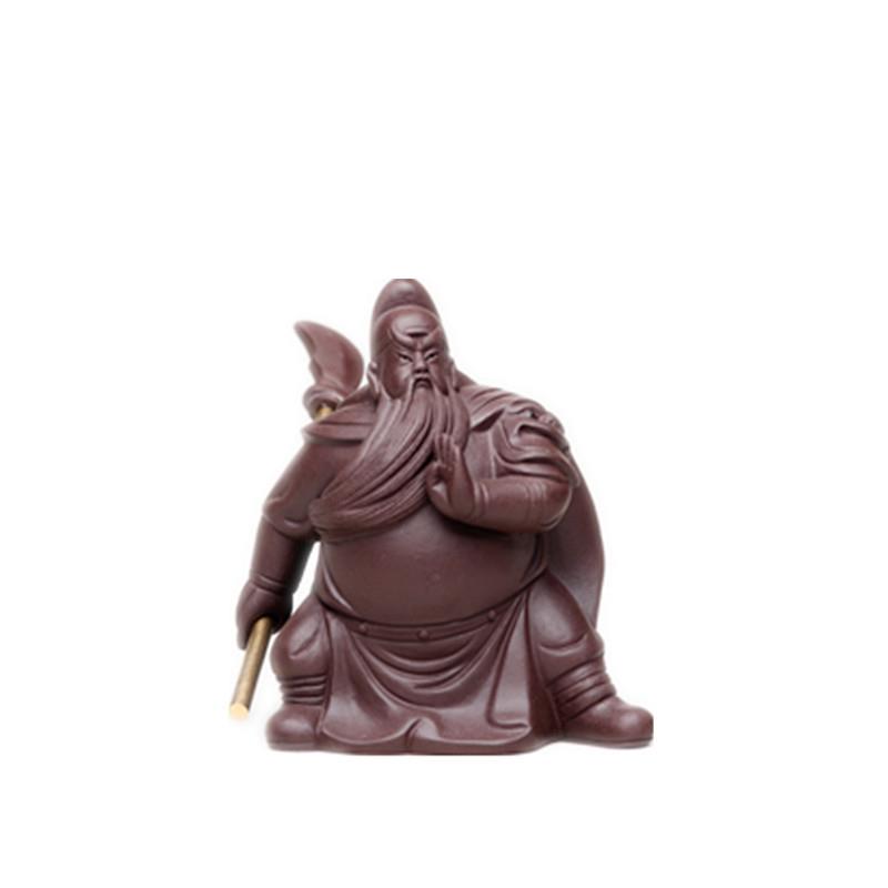 宜兴紫砂茶宠关公关羽摆件精品手工紫泥家居茶具茶盘茶道配件