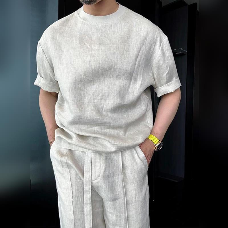 轻奢老钱风天丝亚麻套装男夏人字纹极简风居家服松弛感穿搭一整套