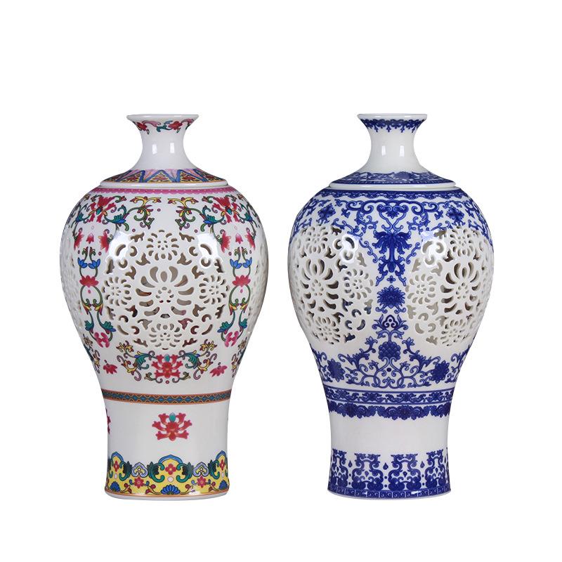 景德镇现代瓷器时尚工艺品双层镂空梅瓶创意古典花瓶家居装饰摆件