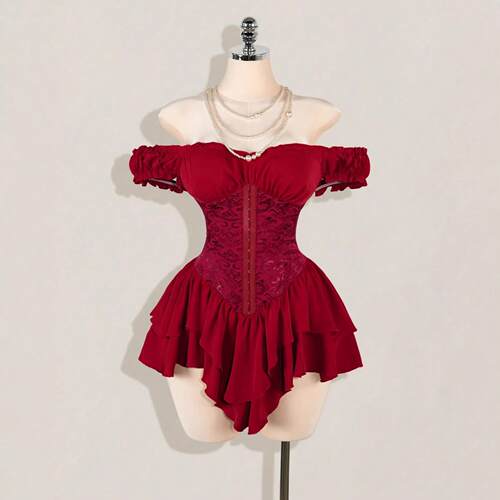 Splicing ruffled edge off shoulder multi-layer ruffled