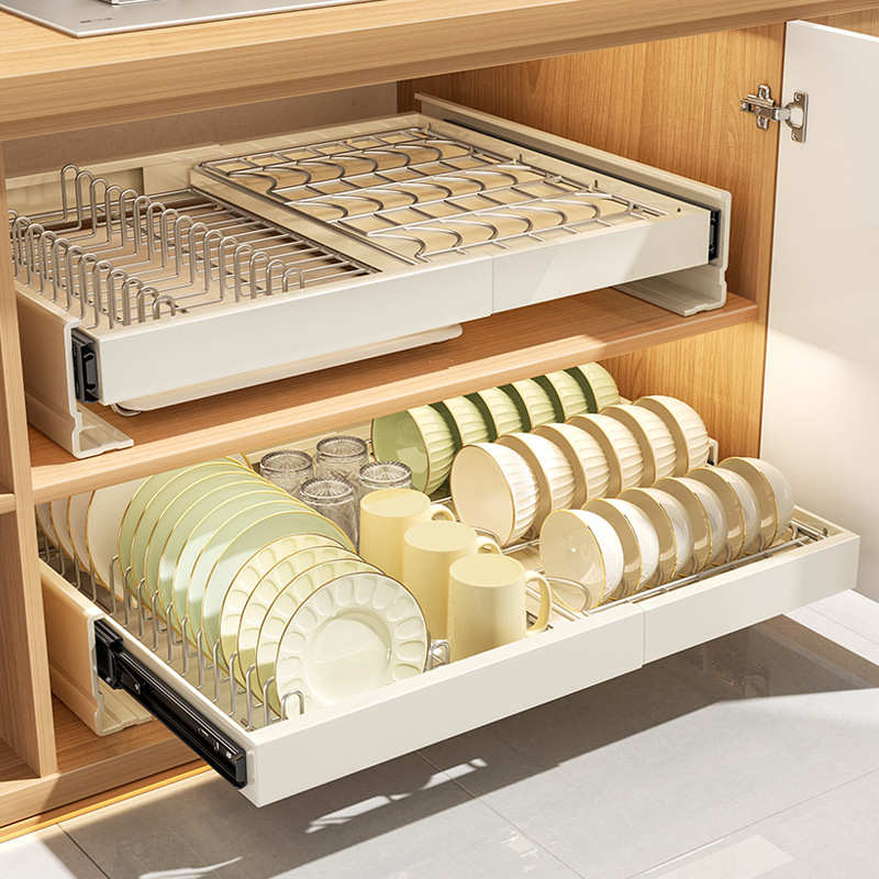 不锈钢抽屉式伸缩拉篮碗碟架免打孔厨房橱柜抽拉碗碟收纳沥水架子