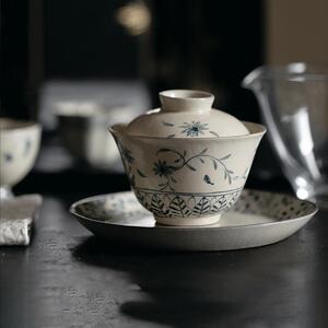 梵汝景德镇青花圆逸二才盖碗高档手绘花漫叶沉薄胎泡茶碗不烫手