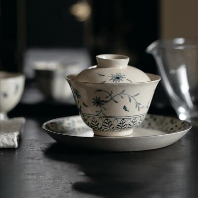 梵汝景德镇青花圆逸二才盖碗高档手绘花漫叶沉薄胎泡茶碗不烫手