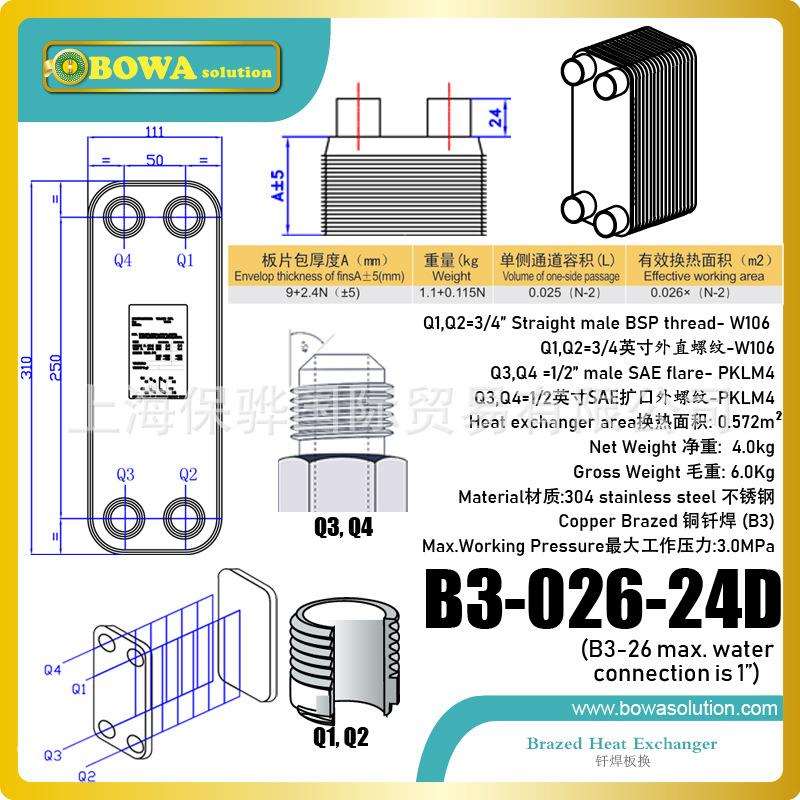 24片板换用做12KW小压降水水热交换器或8KW热泵冷水机蒸发/冷凝器